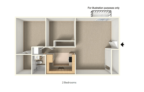Floor plan for 2 beds, 1 bath, 1050 sqft